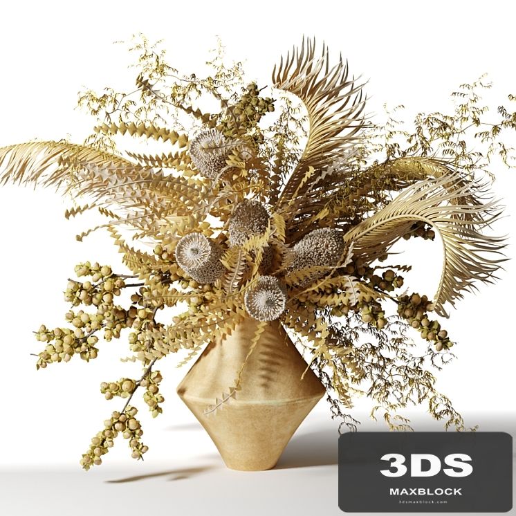 Bouquet of dried flowers with palm leaves, bankxia and walnut branches