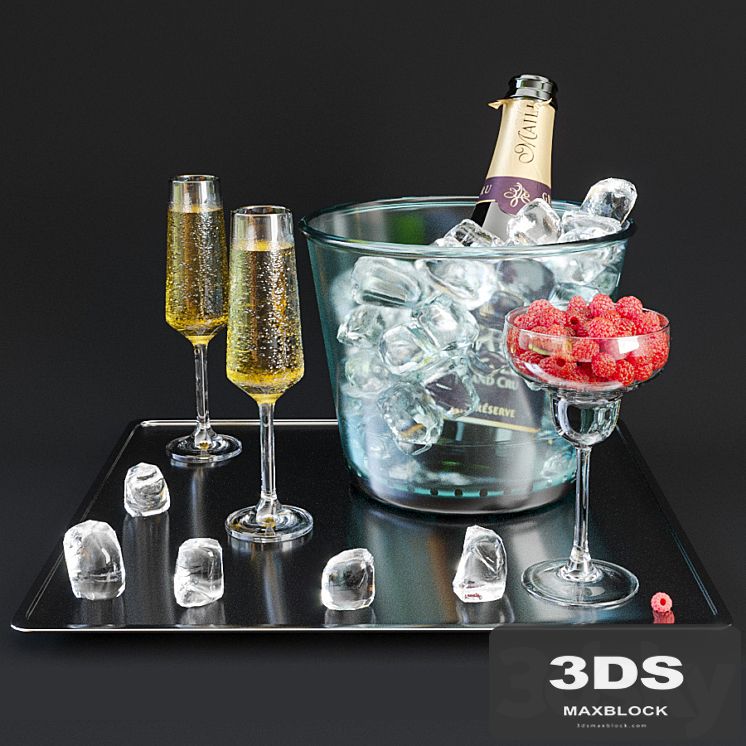 A bottle of champagne on a tray with ice and raspberries.