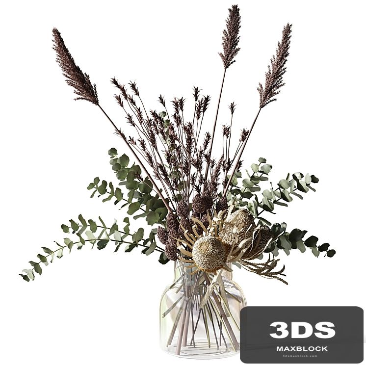 Bouquet with eucalyptus, bankxias and tall grass in a glass vase