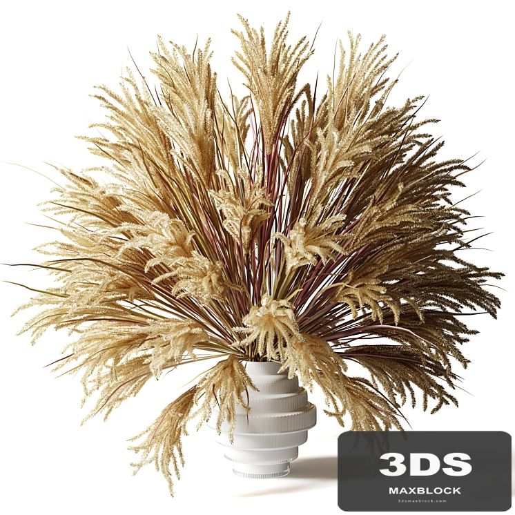 Fluffy bouquet of dry grass with tails in a glass white vase