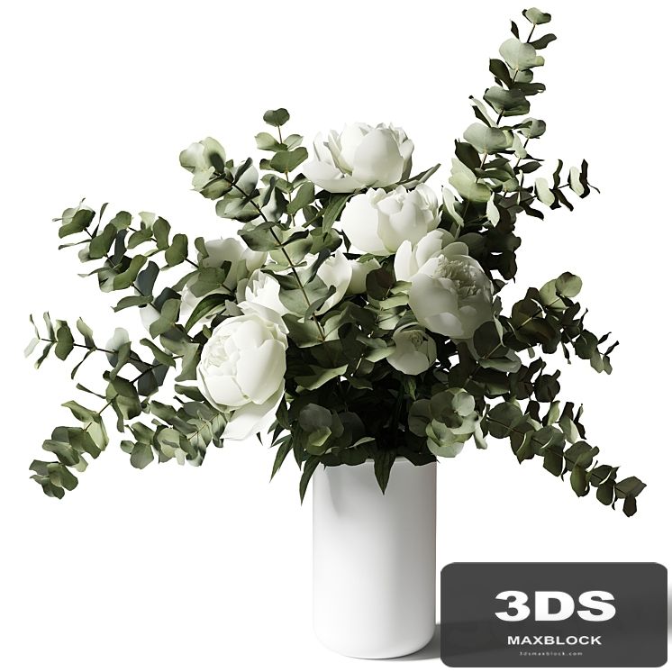 Bouquet with eucalyptus and peonies in a white vase