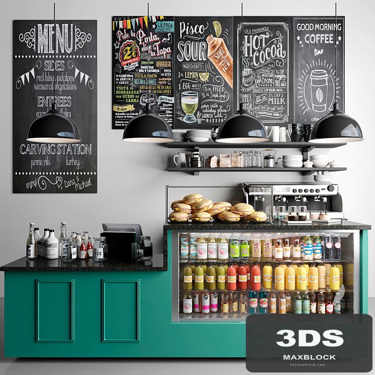 British style cafe with coffee machine and crockery. Showcase with juices