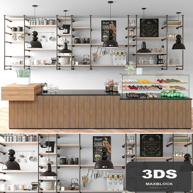 Cafe with shelves and a showcase with desserts and sweets in a loft style