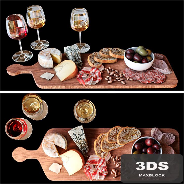 A meat plate with pieces of blue cheese and a glass of red wine. Alcohol 2