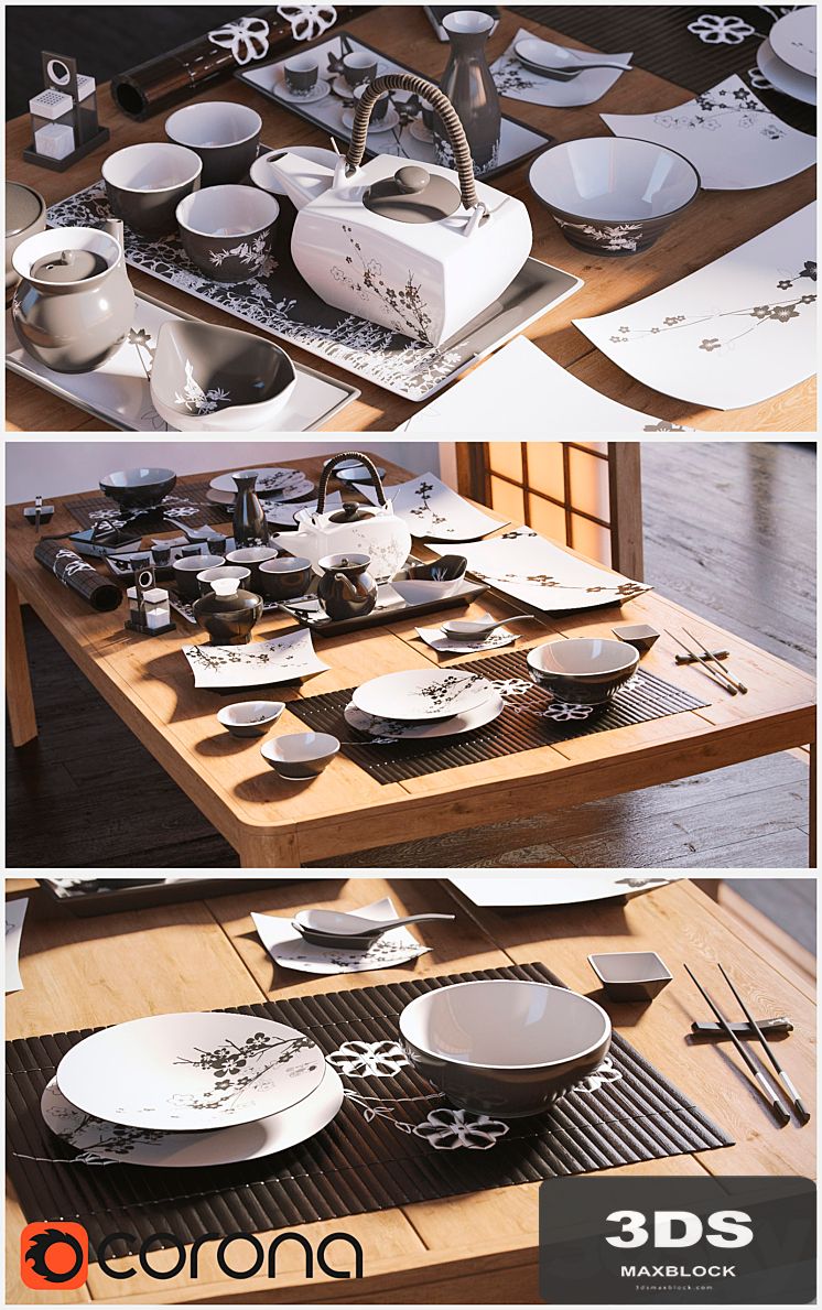 A set of dishes in the Japanese style. / Japanese-style tableware.