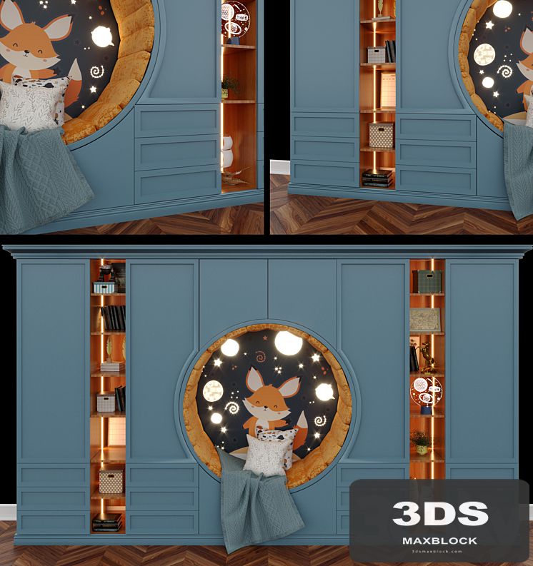Wardrobe with a seat for a childrens room