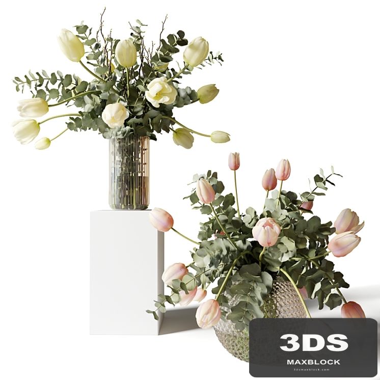 Bouquets of eucalyptus and tulips in glass vases