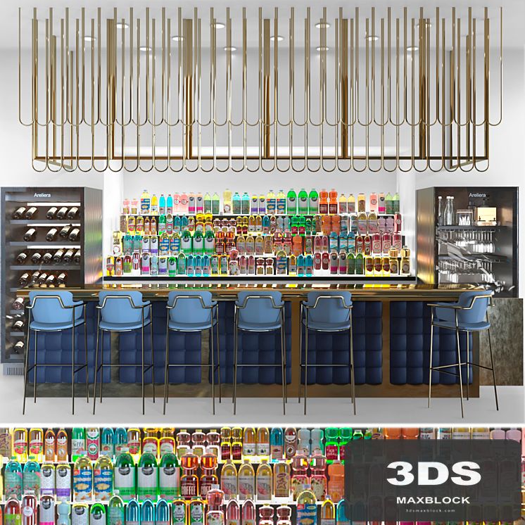 Design project of a restaurant with a rack with alcohol. bar counter