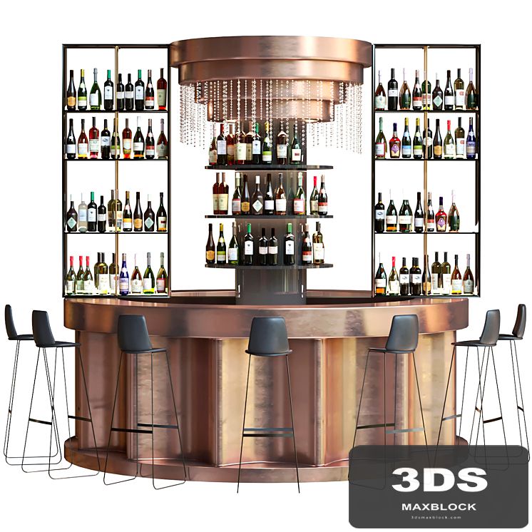 Bar counter with copper decor and strong alcohol. The pub
