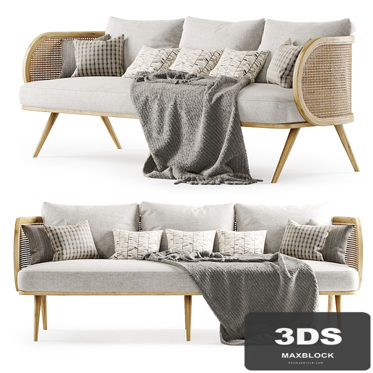 Three-seater wooden rattan sofa CV23 / Three-seater rattan sofa