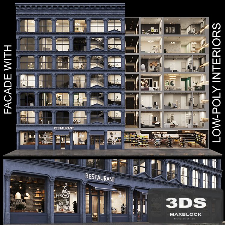 Facade with 20 residential and public low-poly interiors