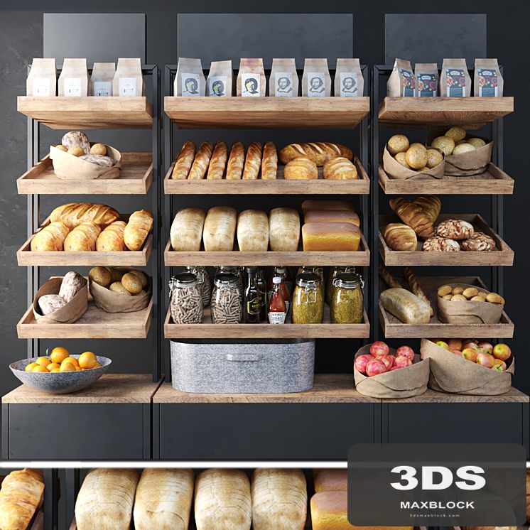 A large showcase in a bakery with bread and other products. Bakery products