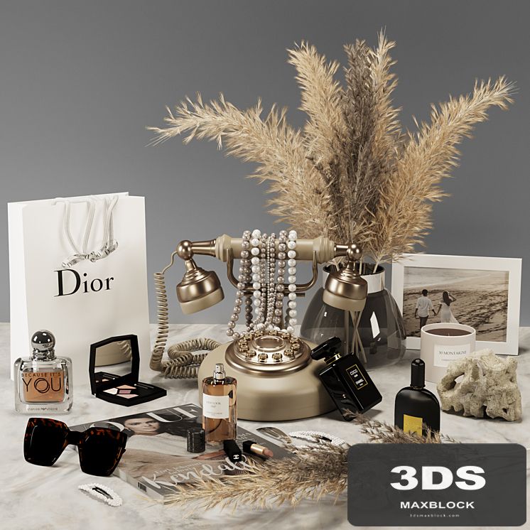 Decorative set 01_Cosmetics with pampas and antique telephone