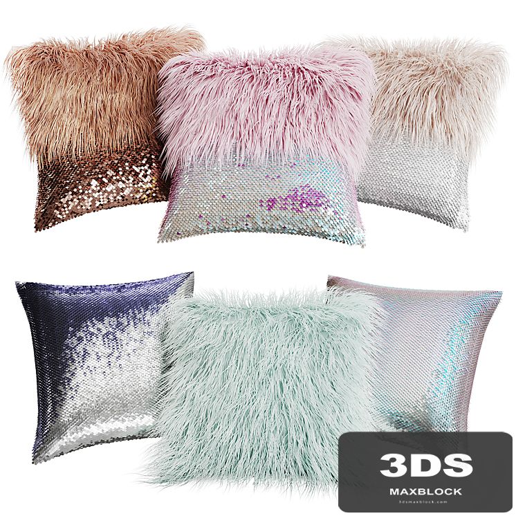 A set of decorative pillows with fur and sequins