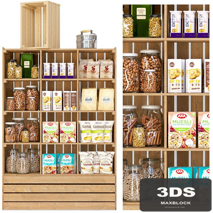 Showcase in a supermarket with nuts, cereals and dry breakfasts