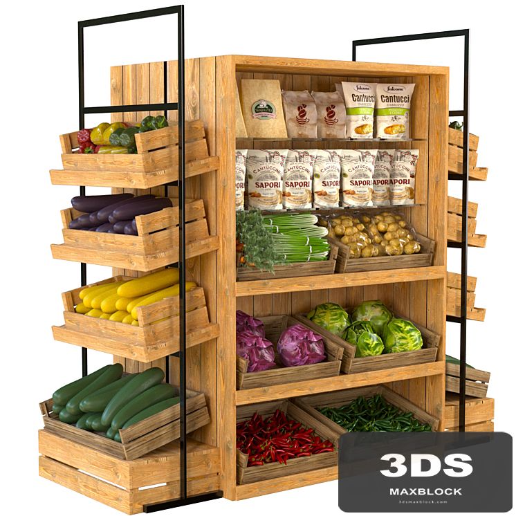 Designer rack in a supermarket with vegetables, fruits and cereals 3