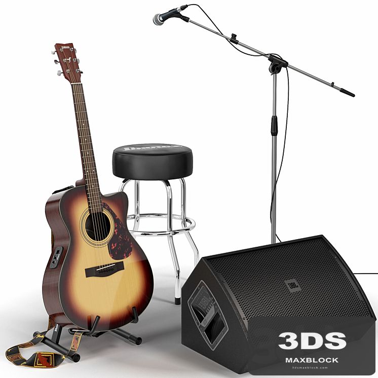 Guitar. Guitar set for stage. Musical instrument. Microphone