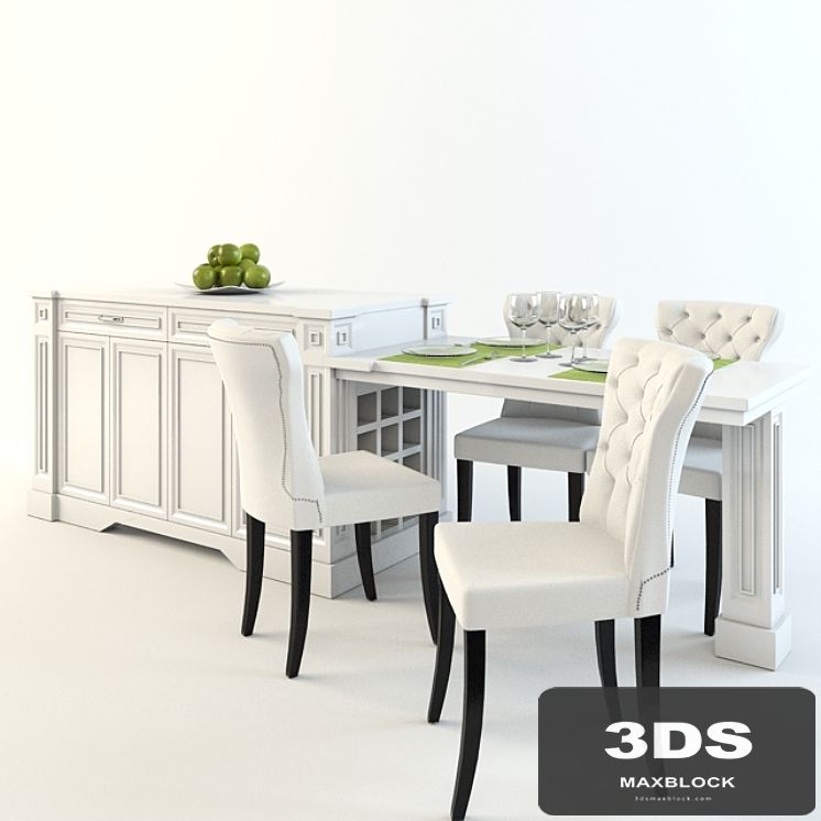 Dining table with chairs and an island