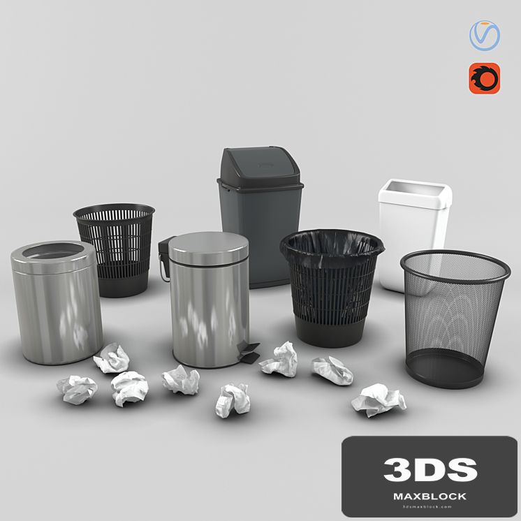 Set of trash cans and crumpled paper