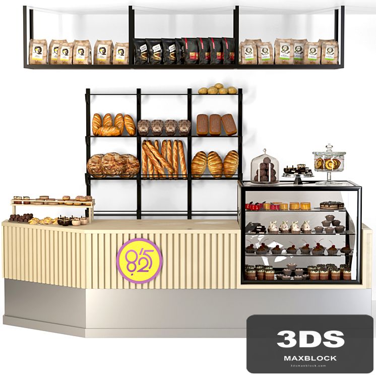 Coffee point in loft style with a showcase with desserts and fresh pastries