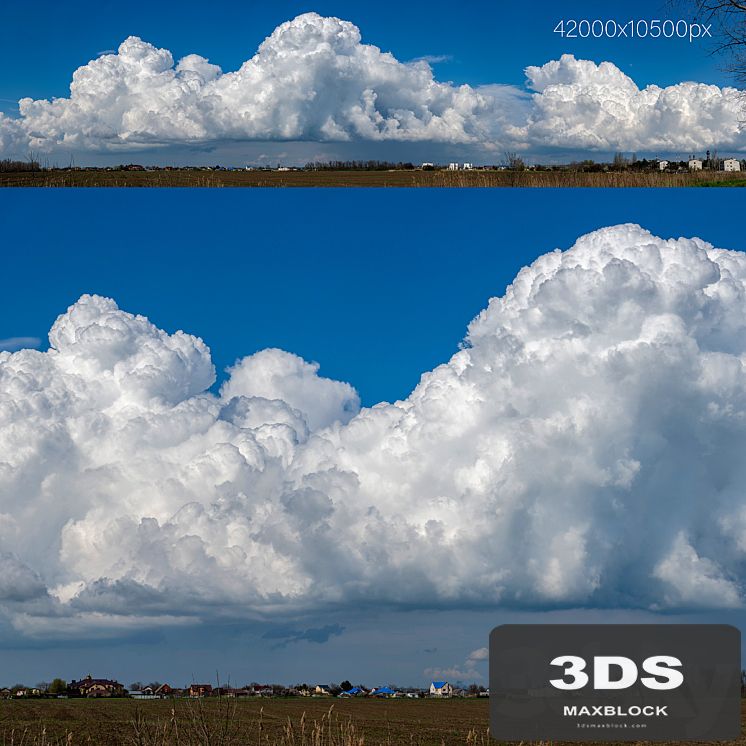 Panorama with beautiful cumulus clouds over the village. 42k