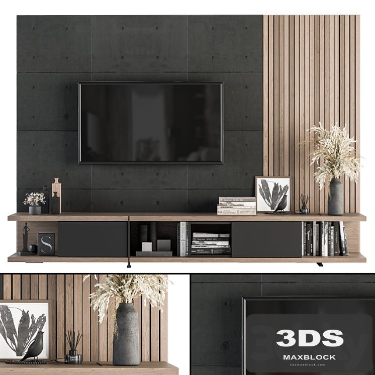 TV Wall Black Concrete and Wood - Set 10