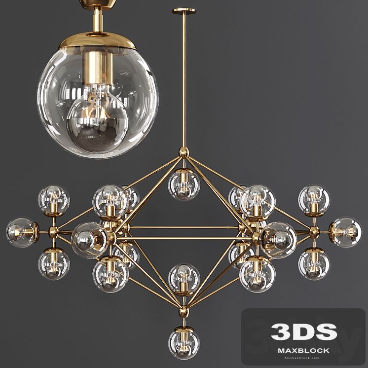 Modo 6 Sided Chandelier 21 Globes Brushed Brass and Clear Glass
