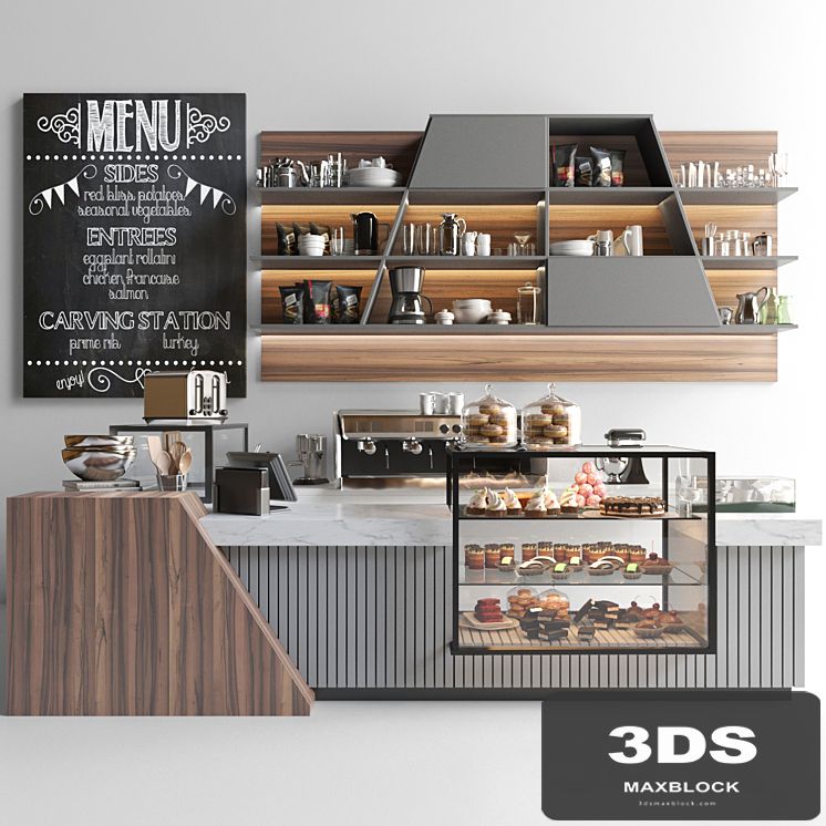 Design project of coffee point in loft style with desserts and sweets. Cafe