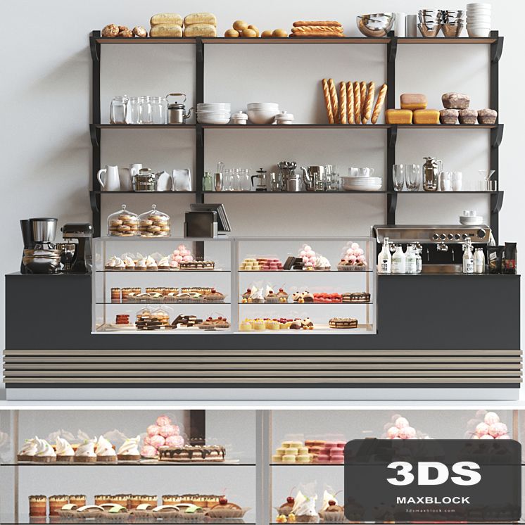Design project of a coffee point in a minimalist style with a showcase with desserts and sweets. Cafe