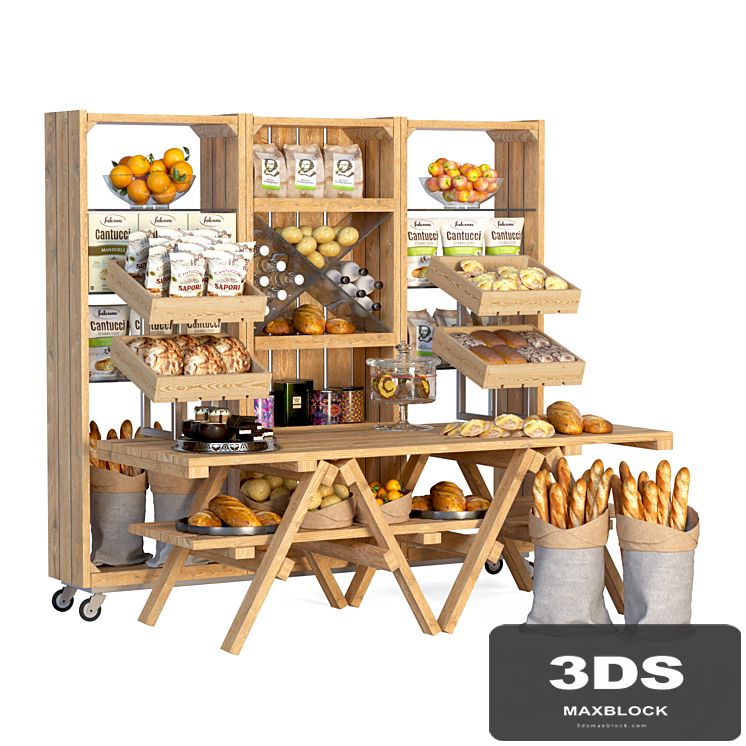 Showcase at the market with products, pastries and dry breakfasts