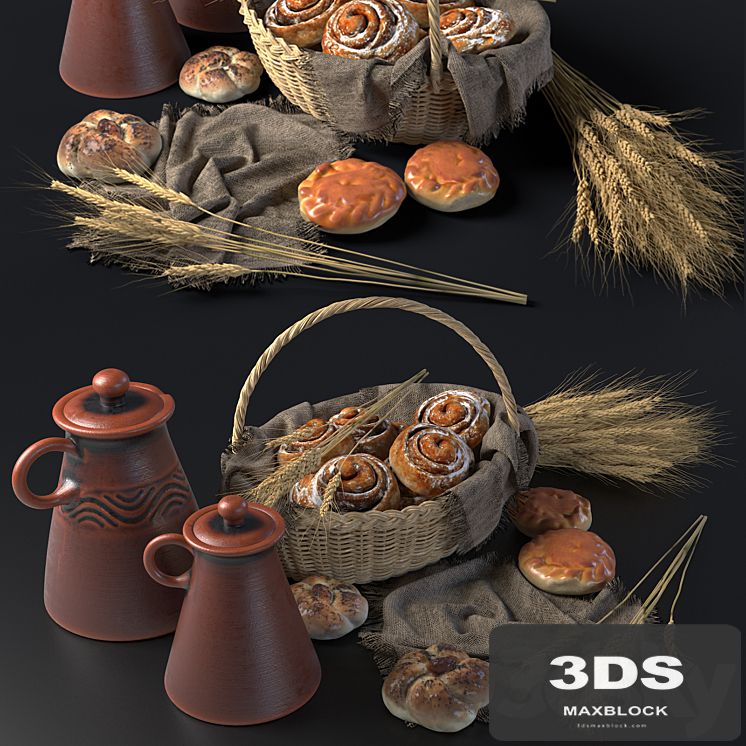 Composition with buns in a wicker basket