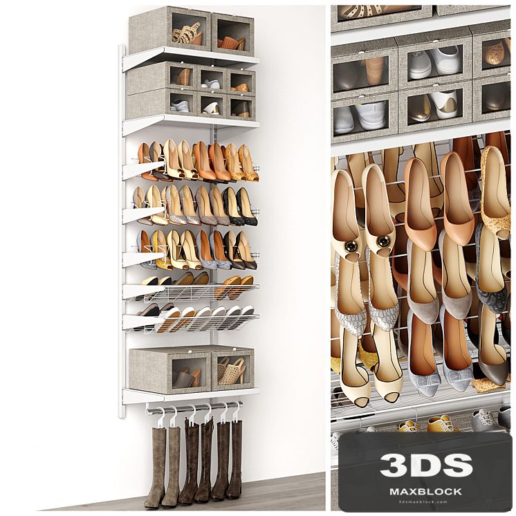 Shoe rack in a shoe cabinet. Set of shoes. Shelf filling