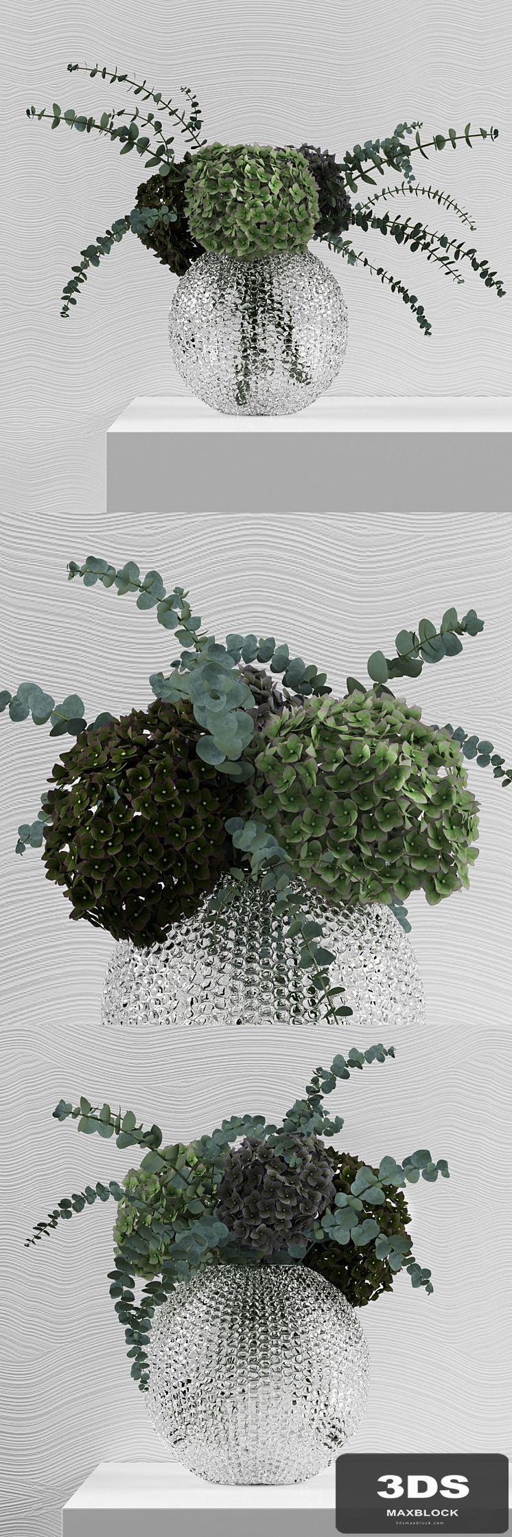 Green Hydrangeas with Eucaliptus baby blue in Bubble vase