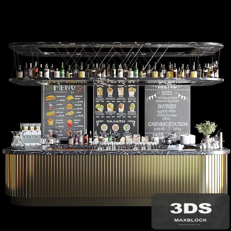A large design project of a bar counter with strong alcohol, wine and a variety of cocktails. Alcohol