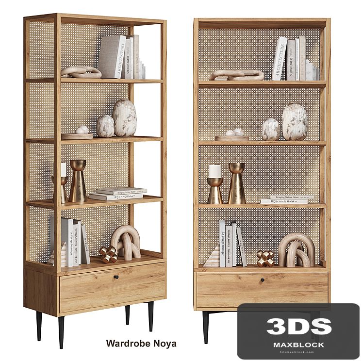 Bookcase in oak and wicker rattan, Noya La Redoute