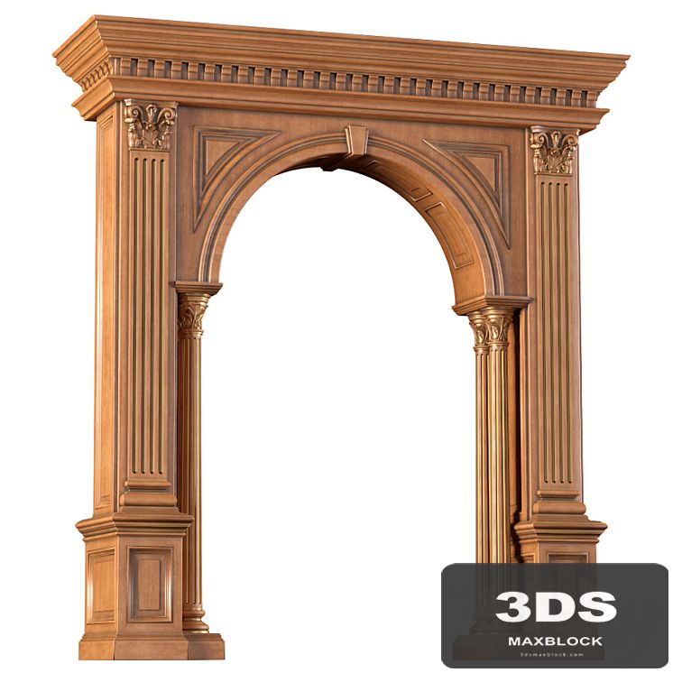 Classic arched doorway made of wood. Arch in classic style