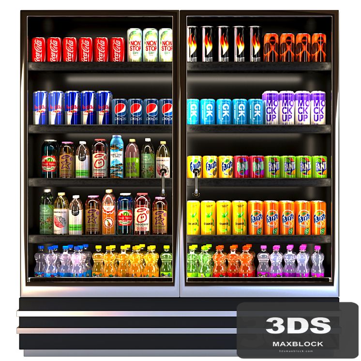 Showcase in a supermarket with lemonades, juices and energy drinks 8
