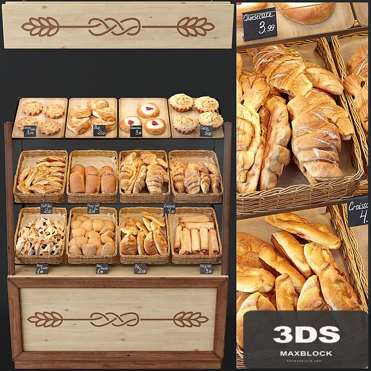 Showcase with pastries for shop and cafe. Bread