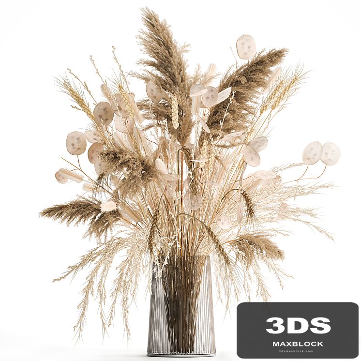 A beautiful bouquet of dried flowers in a vase with dry branches of pampas, reeds, lunnik, spikelets. 126.