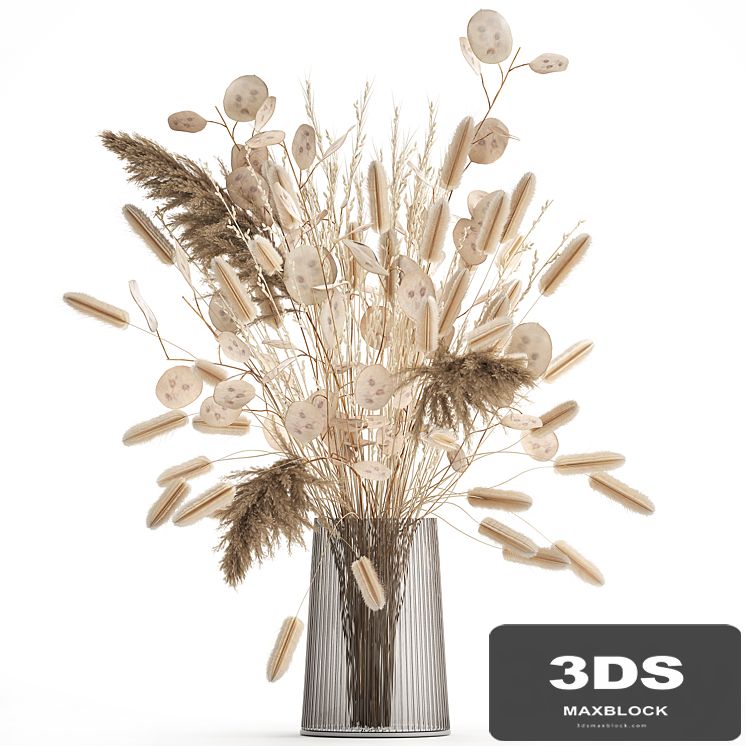 A beautiful bouquet of dried flowers in a vase with dry branches of pampas, reeds, lunnik. 127.