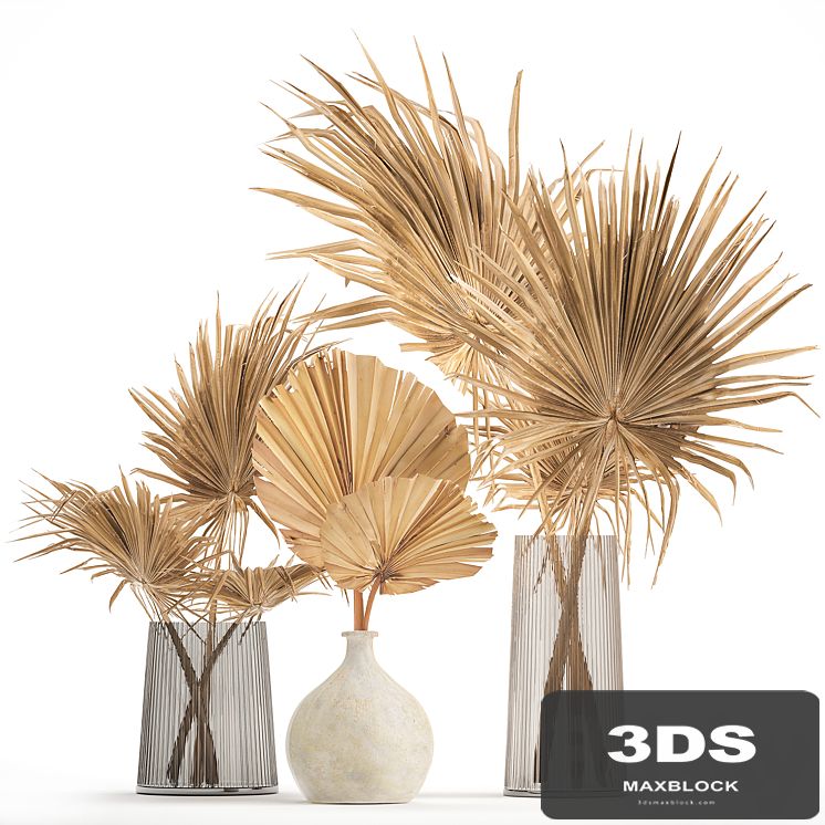 A beautiful bouquet of dried flowers in a glass vase with branches, a dry palm leaf, a branch. Set 133.