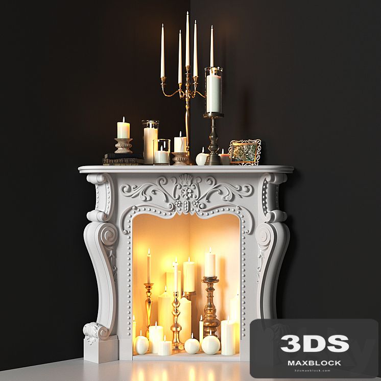 Corner fireplace with candles. Decorative set