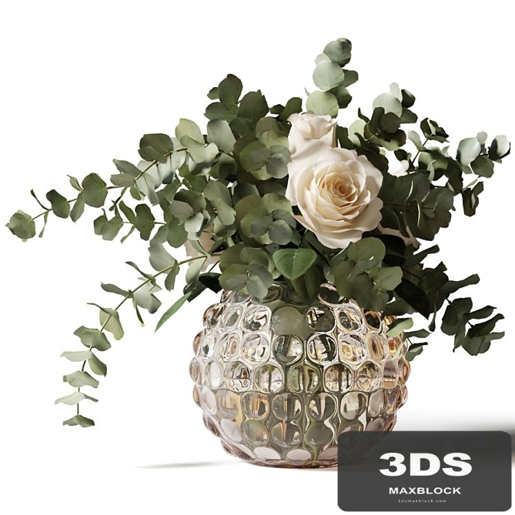 Bouquet of roses and eucalyptus in a glass pimpled vase