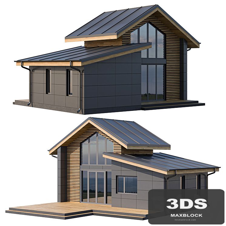 Four houses with facade cladding made of metal cassettes and wooden battens