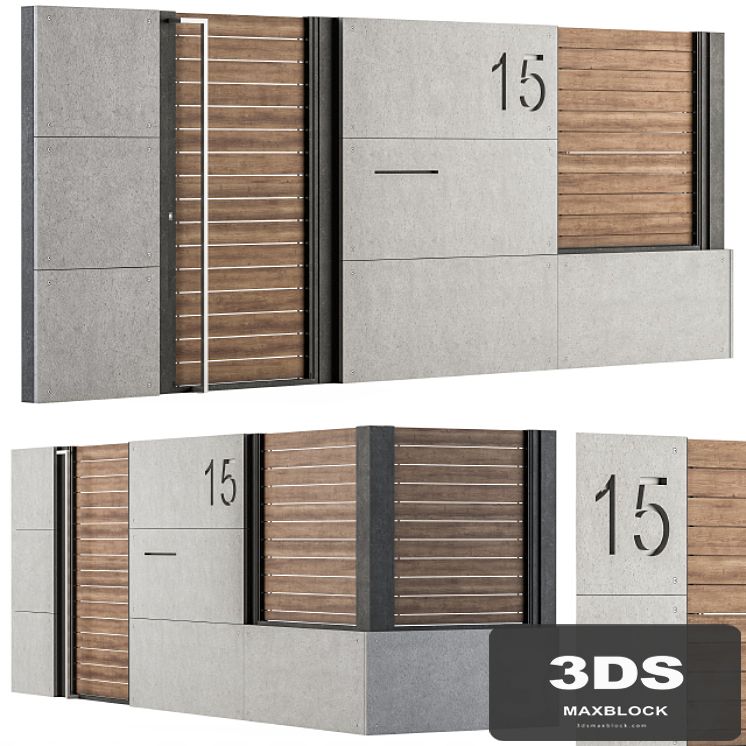Concrete and Wood Fence Set 02