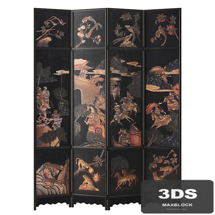 Chinese Four-Panel Lacquered Coromandel Panel Screen