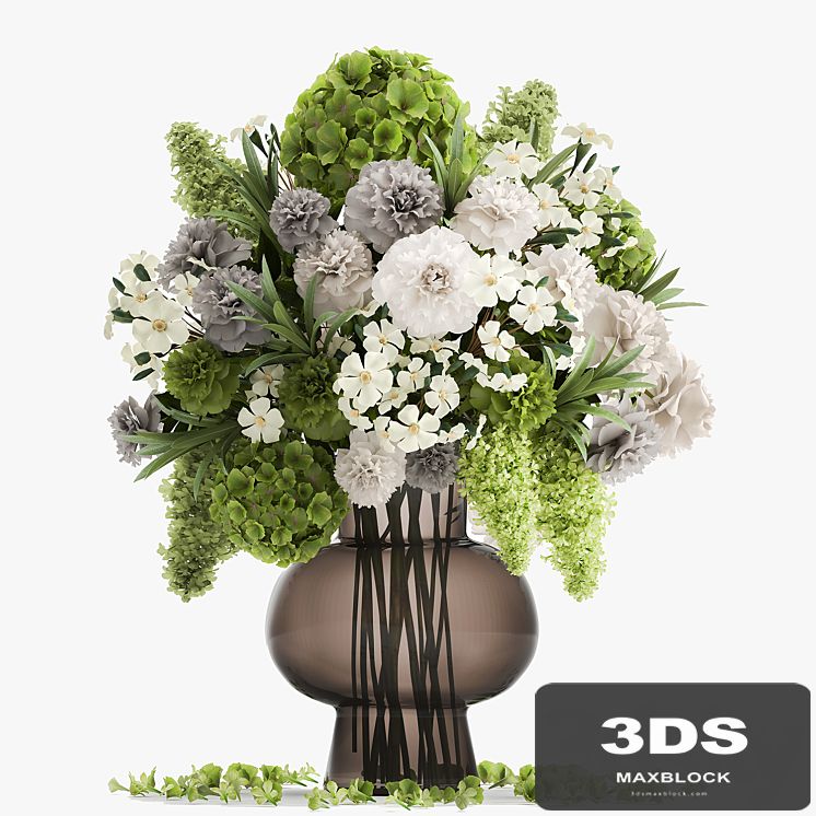 A wonderful bouquet of green spring flowers in a glass vase with hydrangeas, lilacs, peonies. 151.
