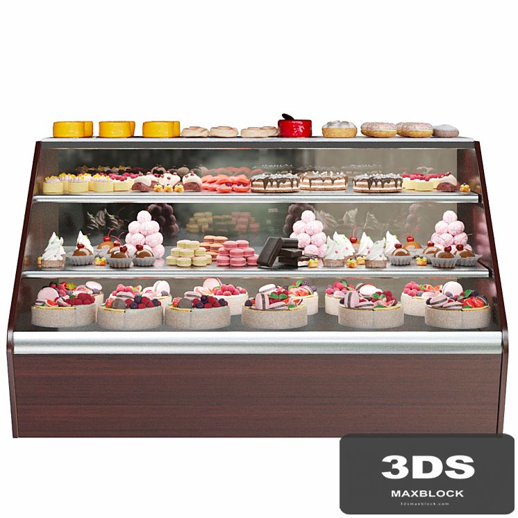 Confectionery. Refrigerator with sweets and desserts. Cake