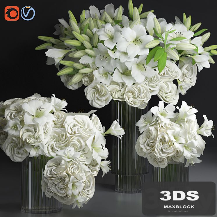 White Lily Tuberose Peony Camelia Bouquet Decorative Glass Vases Set