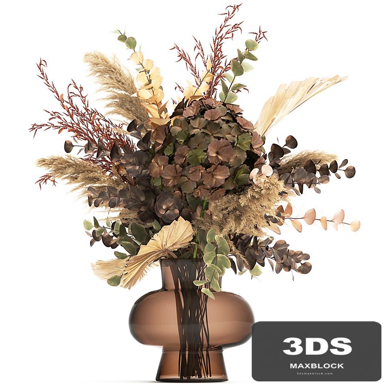 Bouquet of dried flowers in a glass vase with dry branches of palm leaves, pampas and Hydrangea. 161.